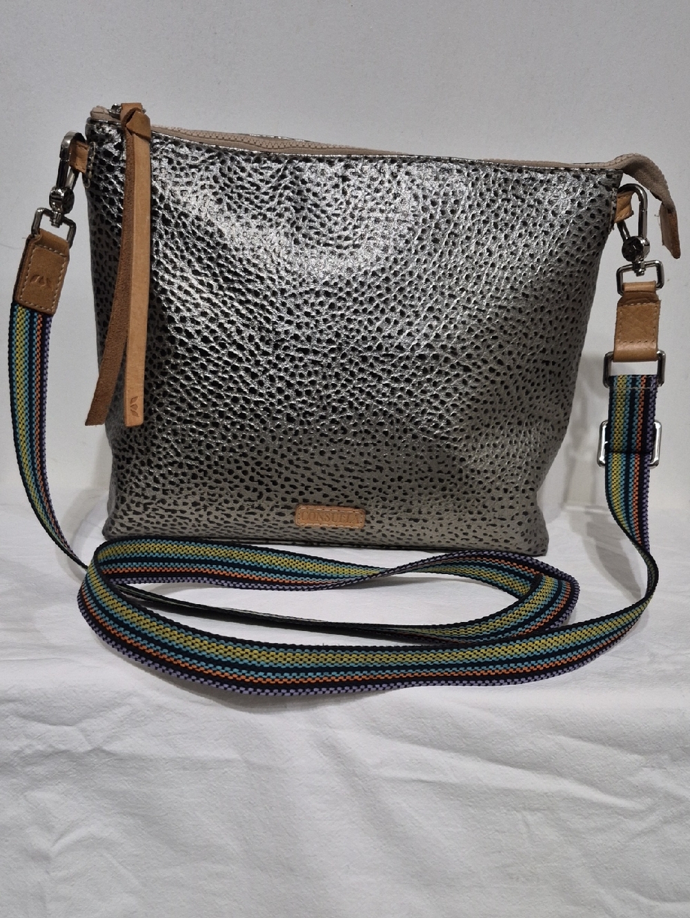 Consuela Metallic Silver Crossbody with Rainbow Stripe Strap